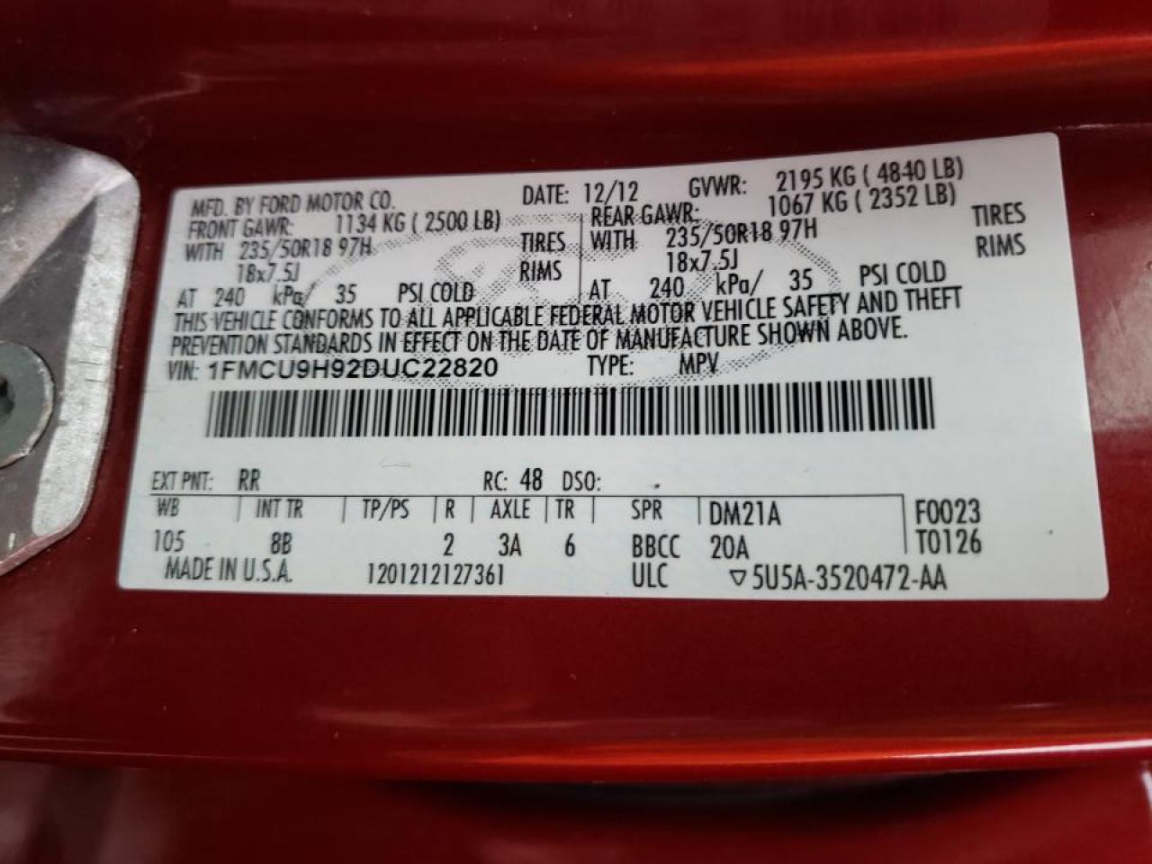 Photo 10 from auction – 2013 FORD ESCAPE SEL with VIN 1FMCU9H92DUC22820