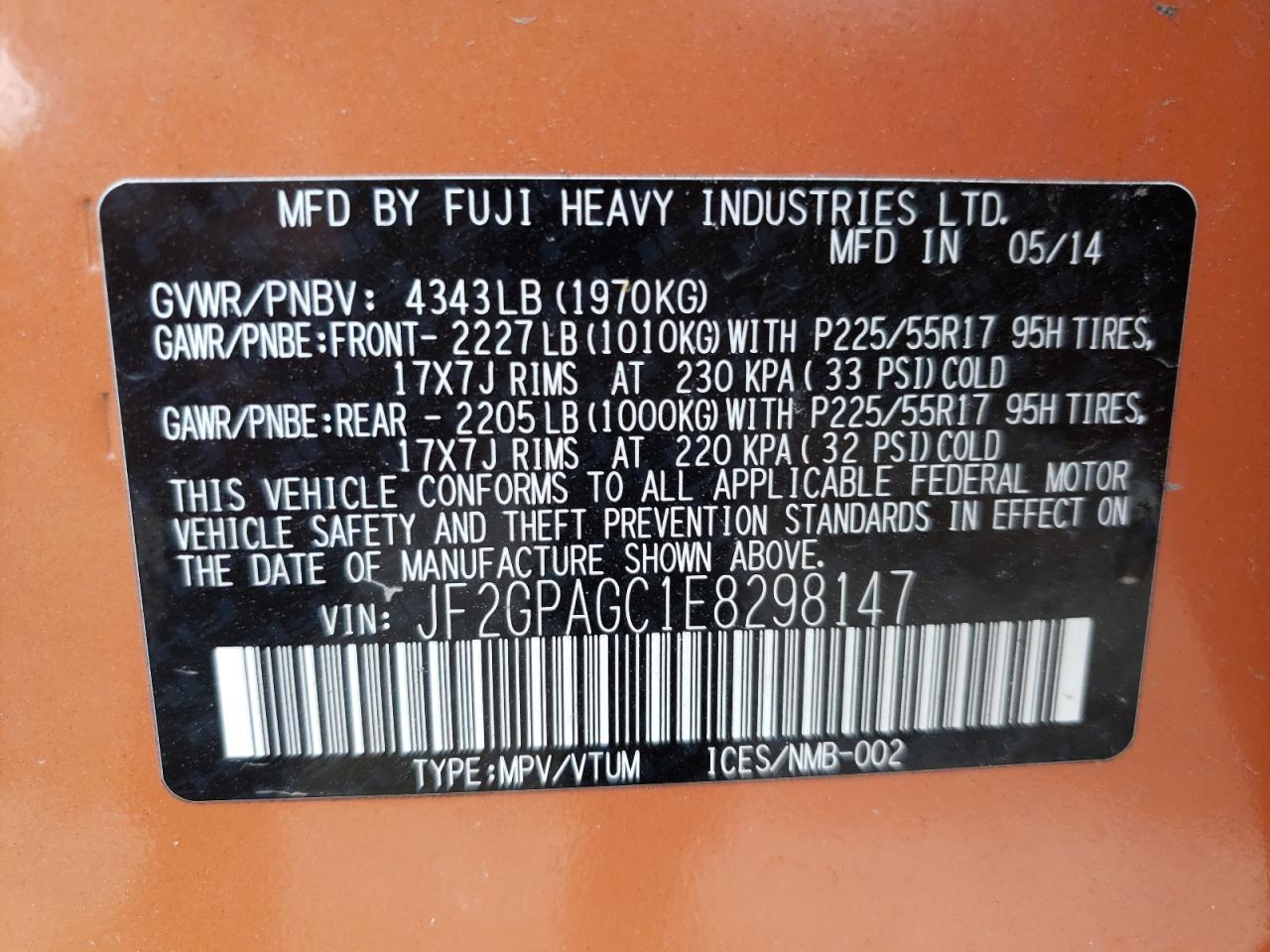 Photo 10 from auction – 2014 SUBARU XV CROSSTR with VIN JF2GPAGC1E8298147