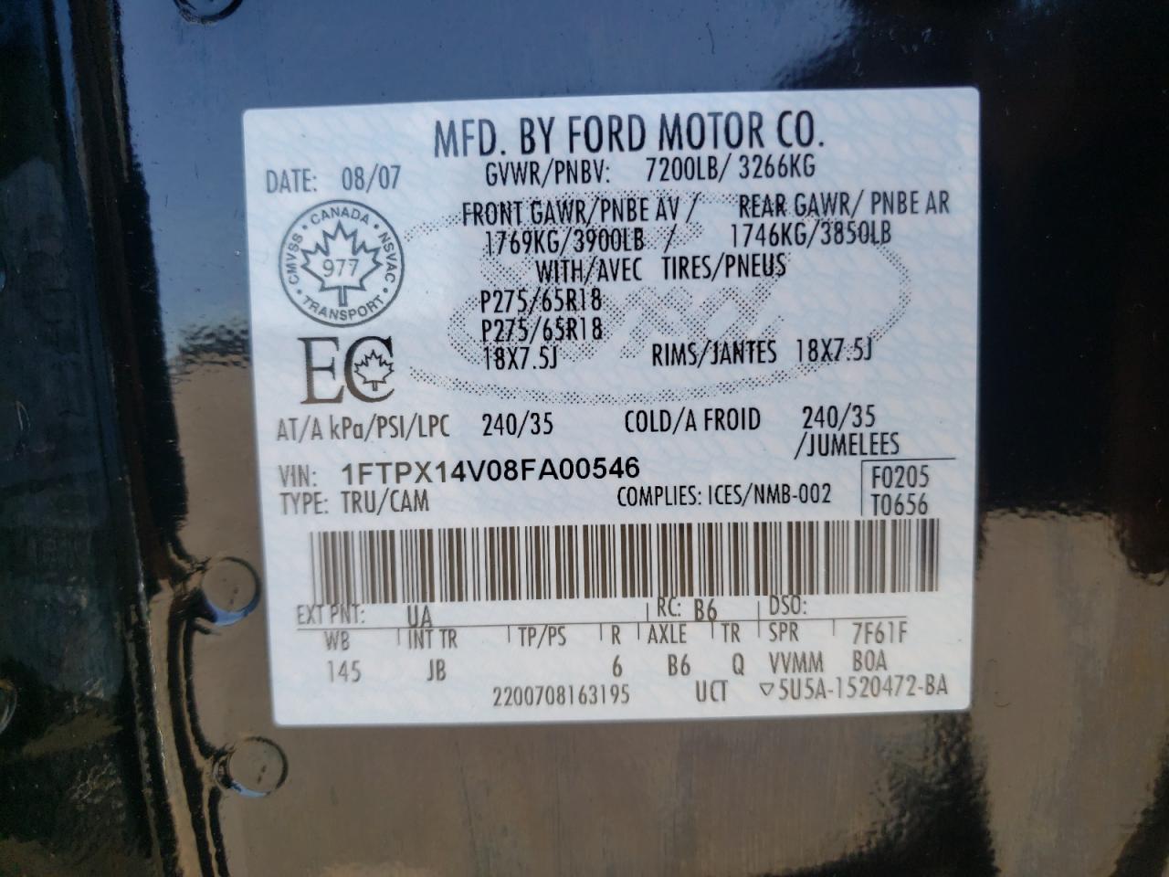 Photo 10 from auction – 2008 FORD F150 with VIN 1FTPX14V08FA00546