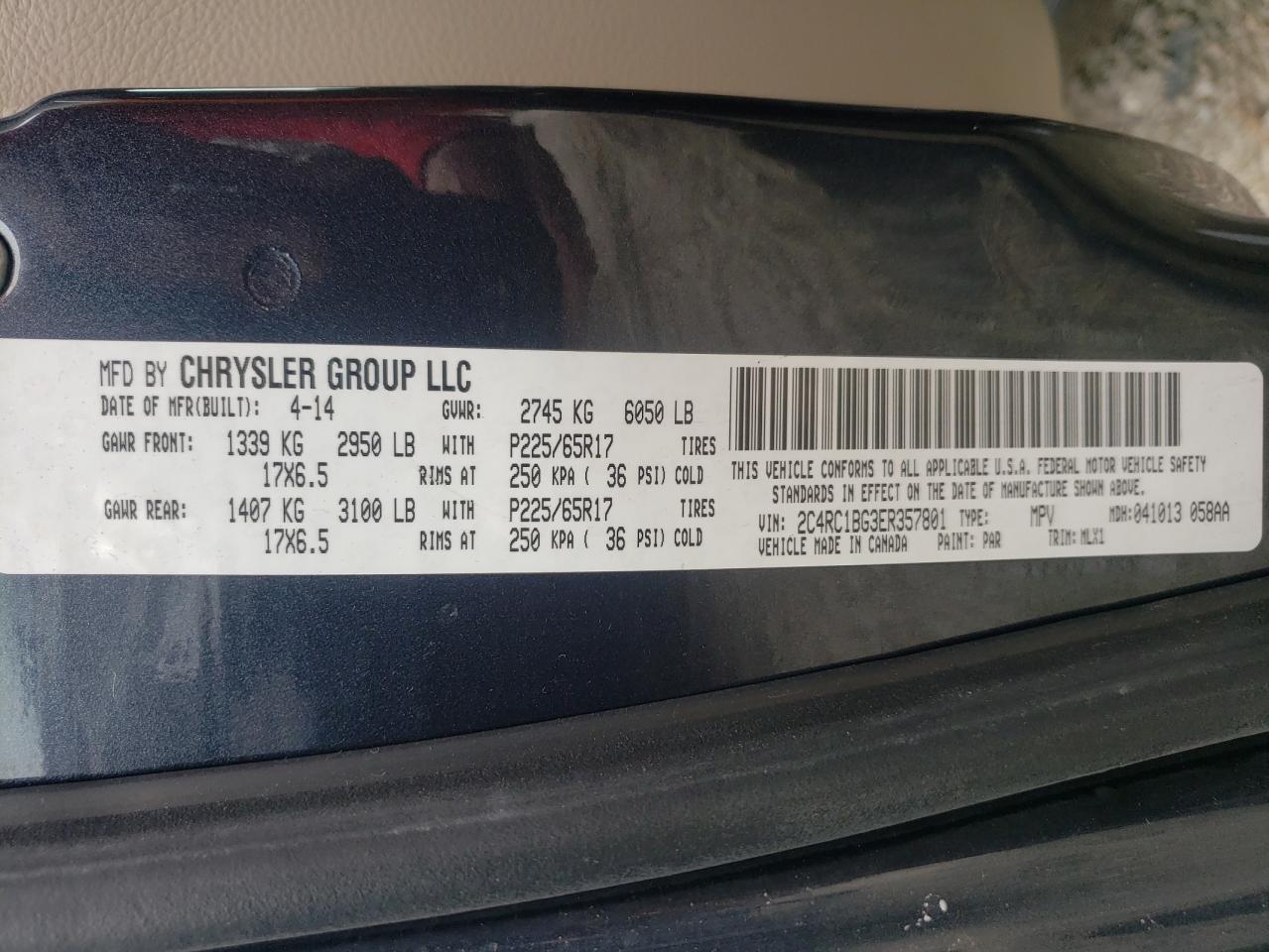 Photo 10 from auction – 2014 CHRYSLER TOWN & COU with VIN 2C4RC1BG3ER357801