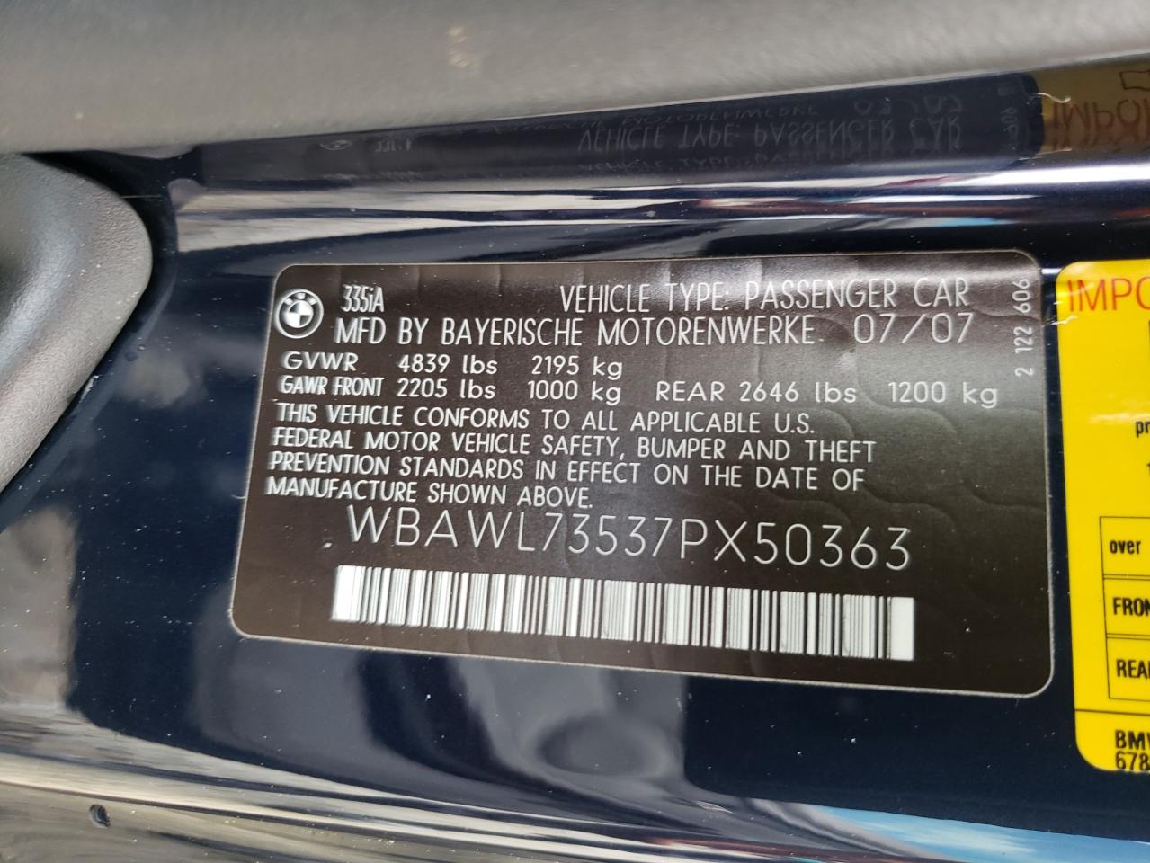 Photo 10 from auction – 2007 BMW 335 I with VIN WBAWL73537PX50363