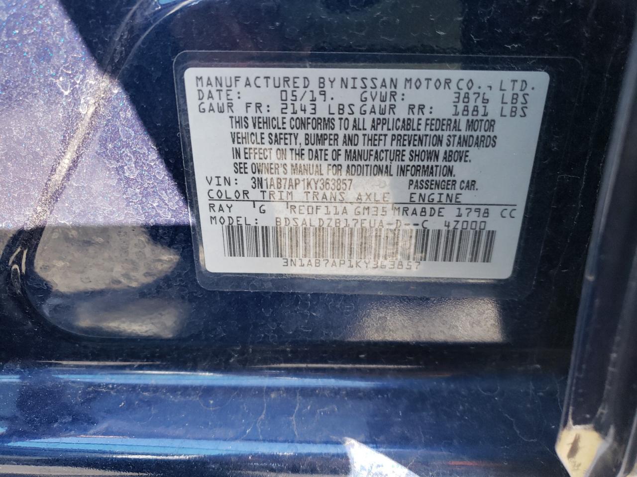 Photo 10 from auction – 2019 NISSAN SENTRA S with VIN 3N1AB7AP1KY363857