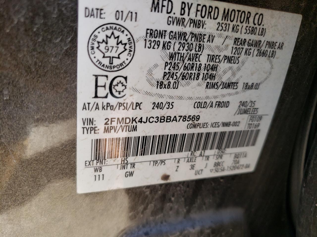 Photo 10 from auction – 2011 FORD EDGE SEL with VIN 2FMDK4JC3BBA78569