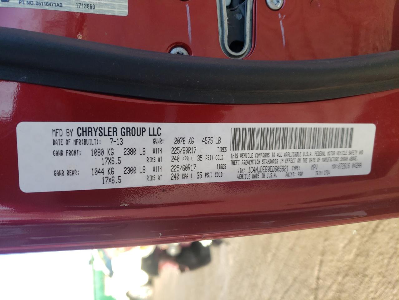 Photo 10 from auction – 2014 JEEP COMPASS LA with VIN 1C4NJDEB0ED605821