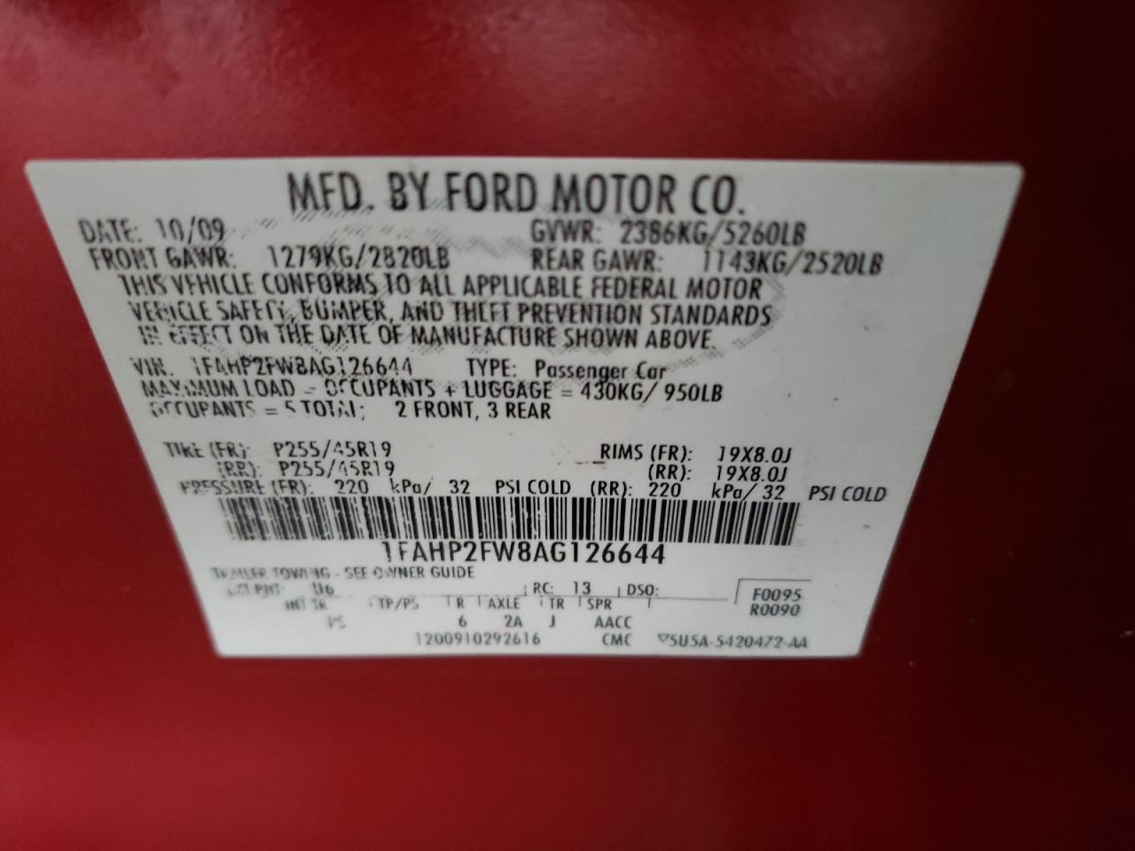 Photo 10 from auction – 2010 FORD TAURUS LIM with VIN 1FAHP2FW8AG126644