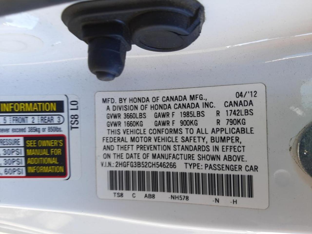 Photo 10 from auction – 2012 HONDA CIVIC LX with VIN 2HGFG3B52CH546266