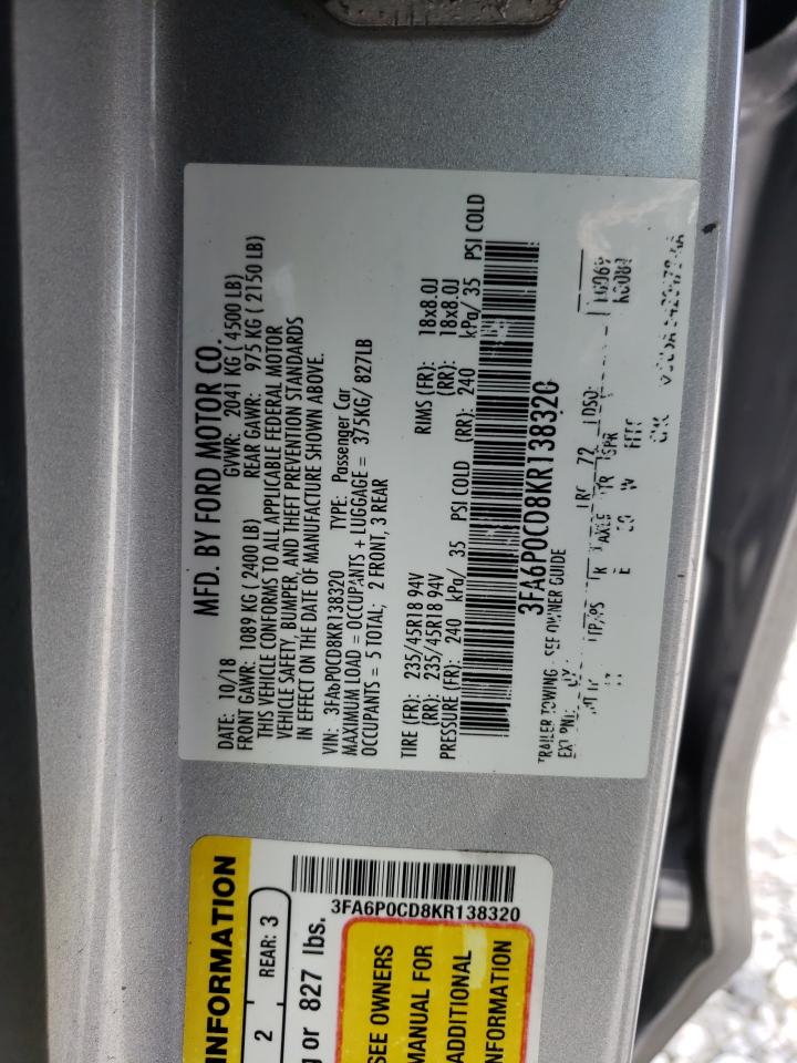 Photo 10 from auction – 2019 FORD FUSION SEL with VIN 3FA6P0CD8KR138320