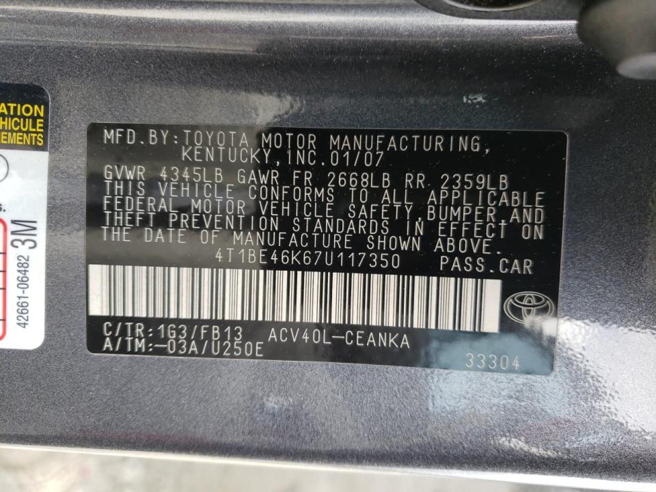 Photo 10 from auction – 2007 TOYOTA CAMRY CE with VIN 4T1BE46K67U117350