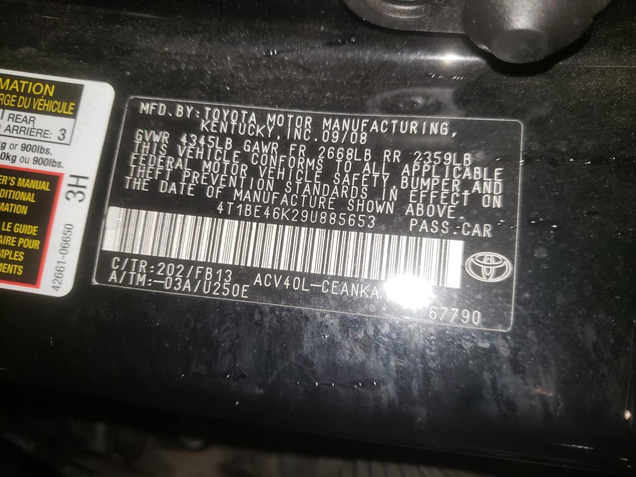 Photo 10 from auction – 2009 TOYOTA CAMRY BASE with VIN 4T1BE46K29U885653