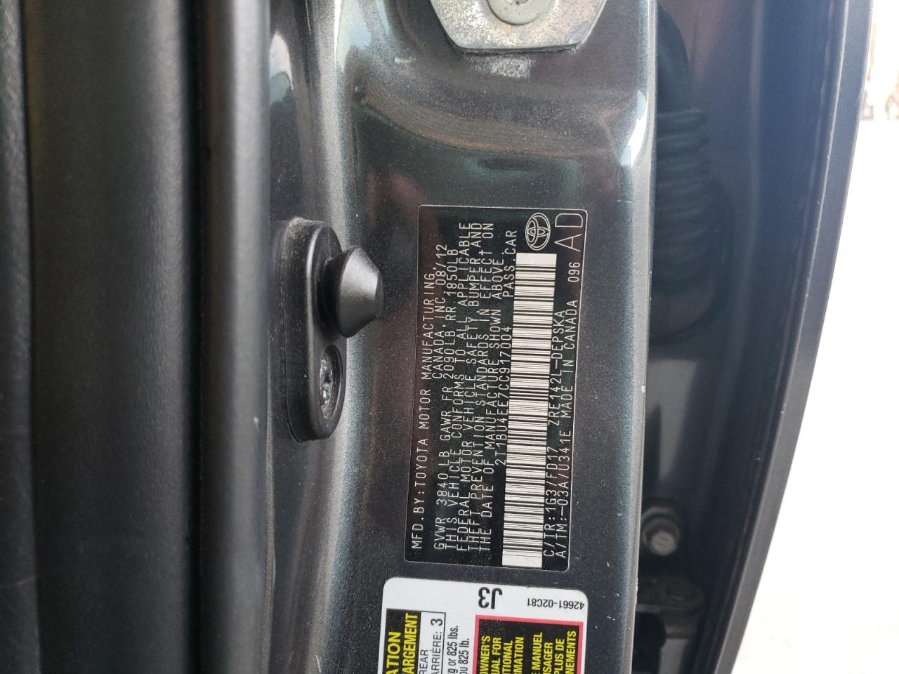 Photo 10 from auction – 2012 TOYOTA COROLLA BA with VIN 2T1BU4EE7CC917004