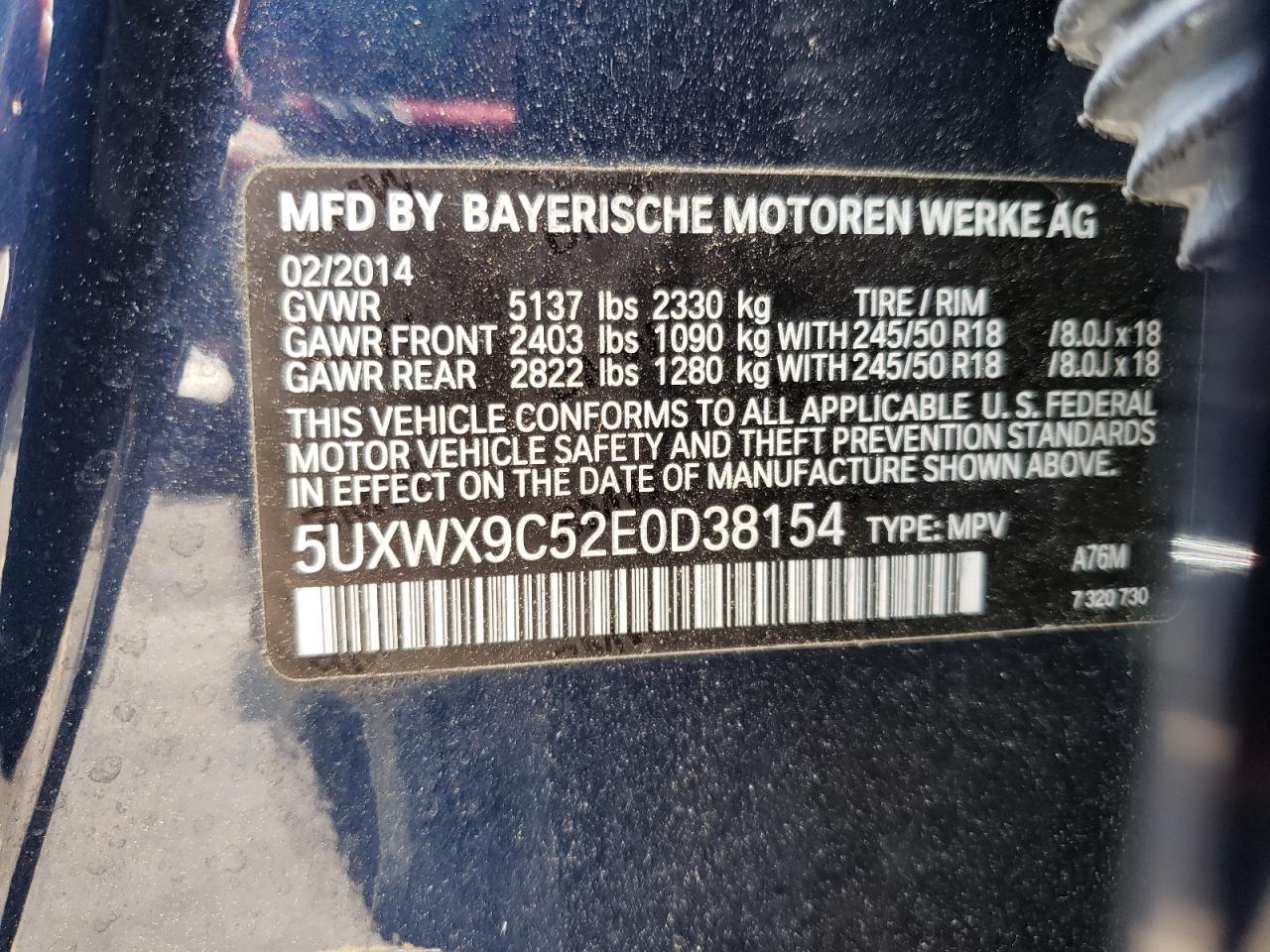 Photo 10 from auction – 2014 BMW X3 XDRIVE2 with VIN 5UXWX9C52E0D38154