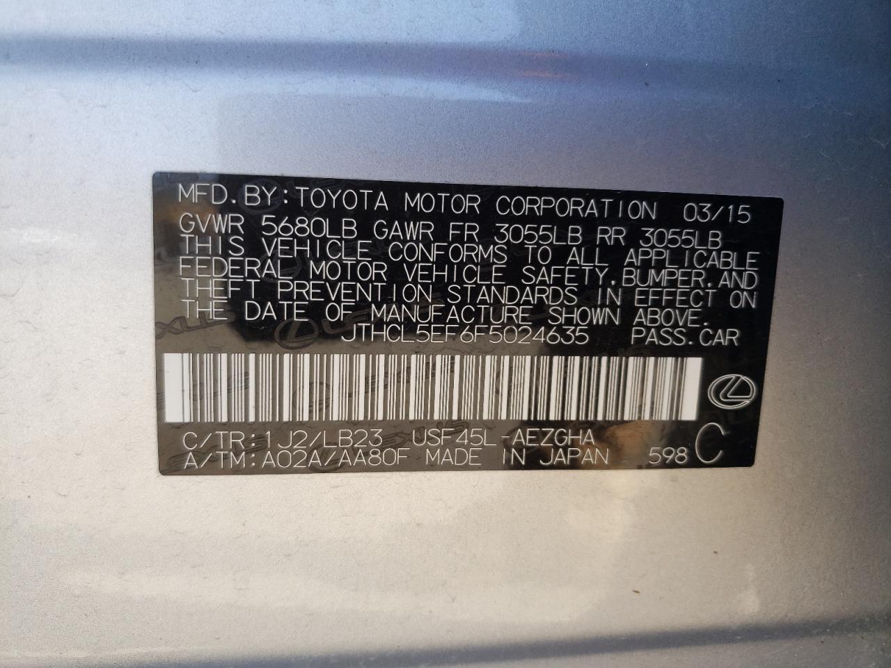 Photo 10 from auction – 2015 LEXUS LS 460 with VIN JTHCL5EF6F5024635