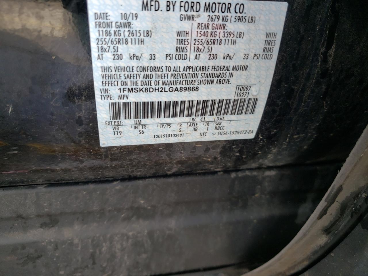 Zdjęcie 10 z aukcji – 2020 FORD EXPLORER X z VIN 1FMSK8DH2LGA89868