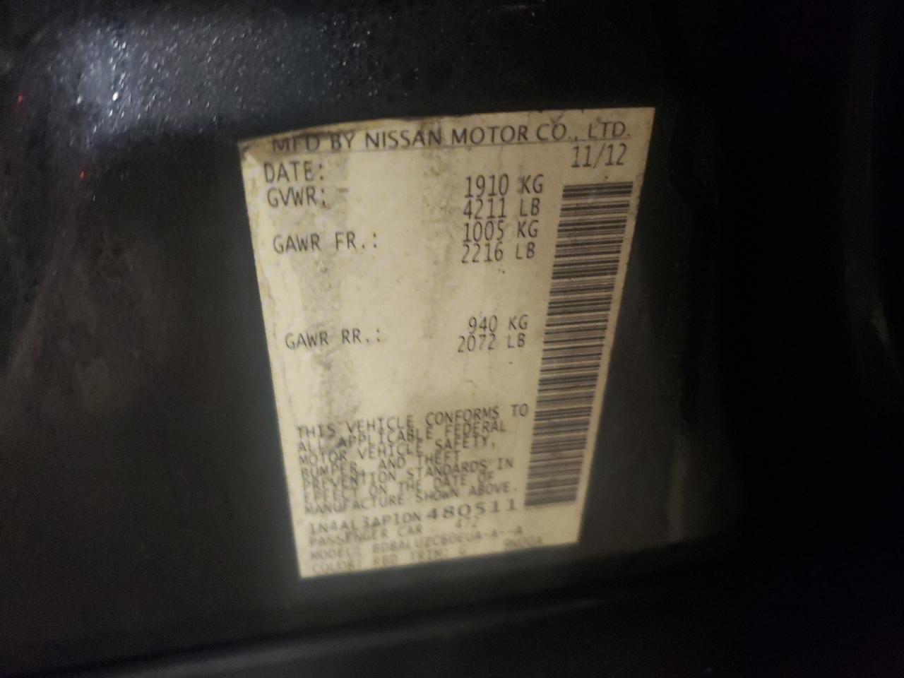 Photo 10 from auction – 2013 NISSAN ALTIMA 2.5 with VIN 1N4AL3AP1DN480511