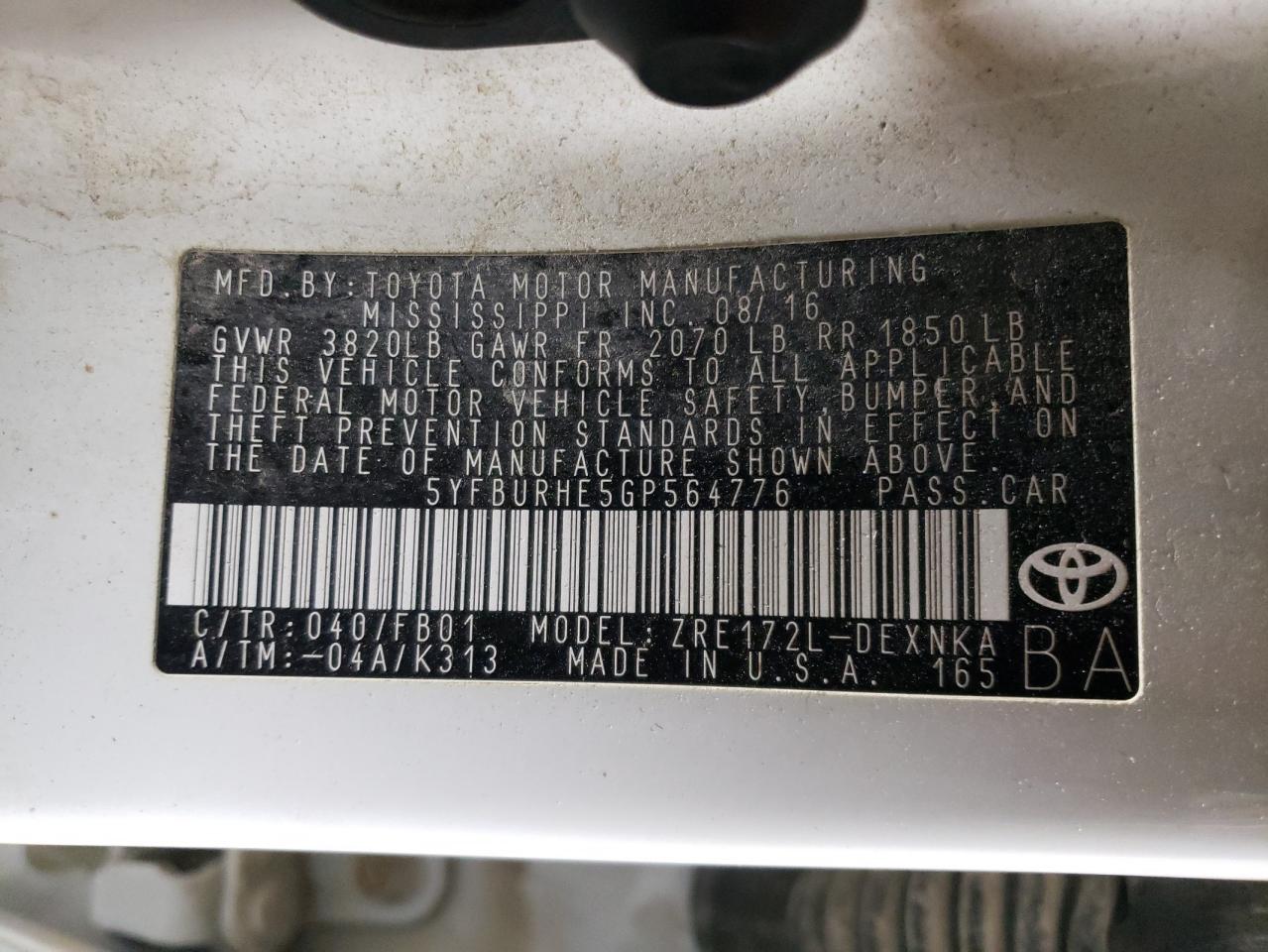 Photo 10 from auction – 2016 TOYOTA COROLLA L with VIN 5YFBURHE5GP564776