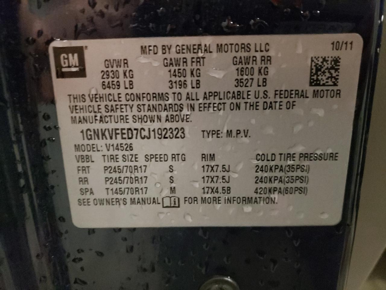 Photo 10 from auction – 2012 CHEVROLET TRAVERSE L with VIN 1GNKVFED7CJ192323