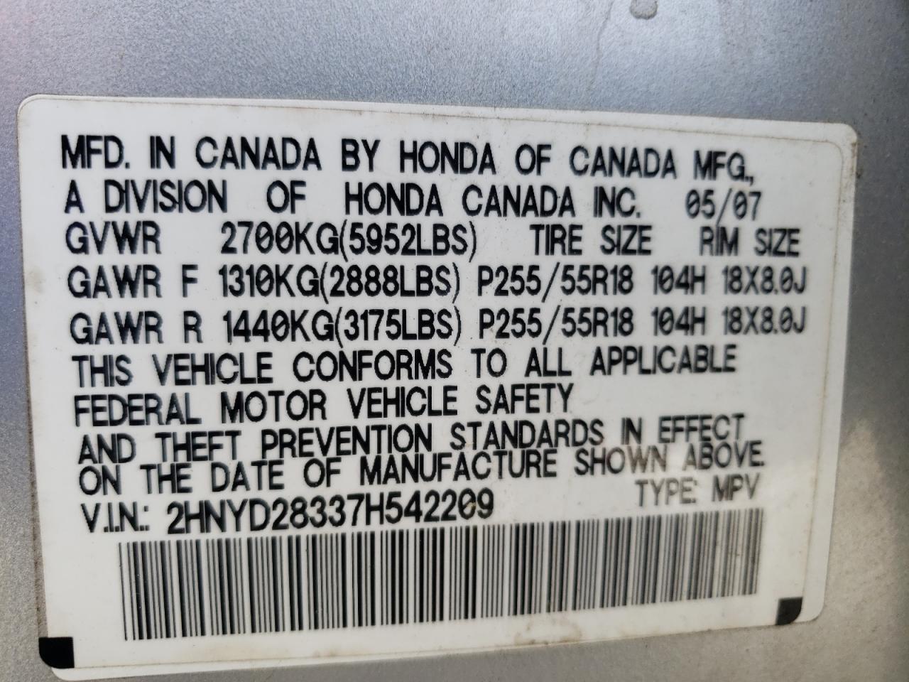 Photo 10 from auction – 2007 ACURA MDX TECHNO with VIN 2HNYD28337H542209