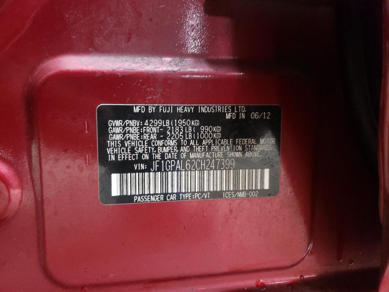 Photo 10 from auction – 2012 SUBARU IMPREZA SP with VIN JF1GPAL62CH247399