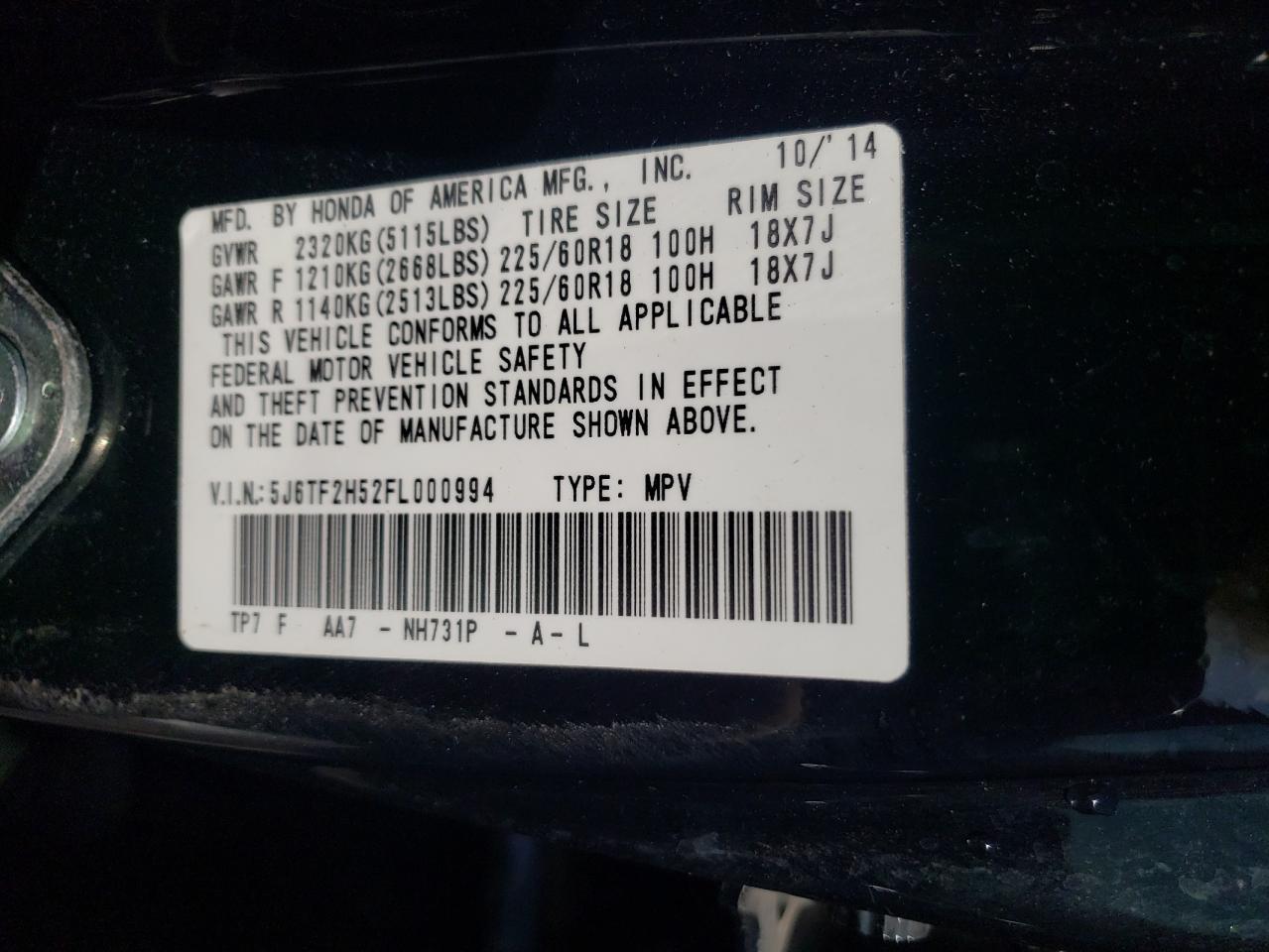 Photo 10 from auction – 2015 HONDA CROSSTOUR with VIN 5J6TF2H52FL000994