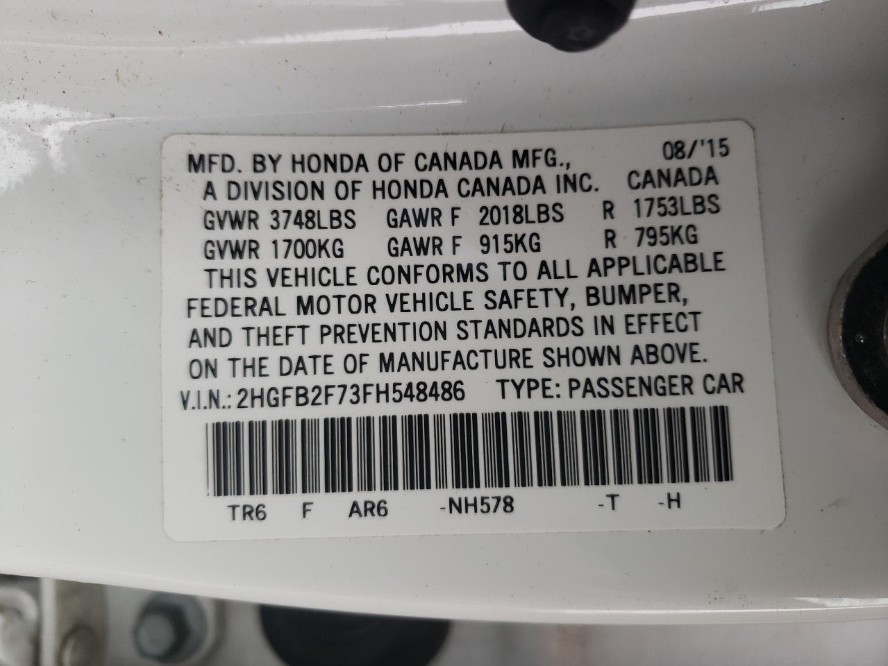 Photo 10 from auction – 2015 HONDA CIVIC SE with VIN 2HGFB2F73FH548486