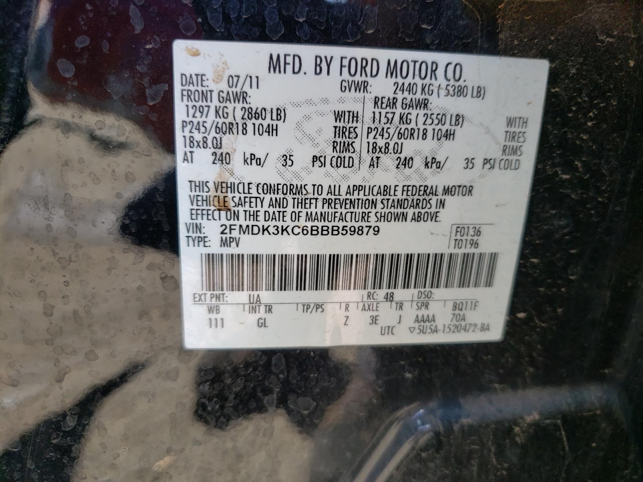 Photo 10 from auction – 2011 FORD EDGE LIMIT with VIN 2FMDK3KC6BBB59879