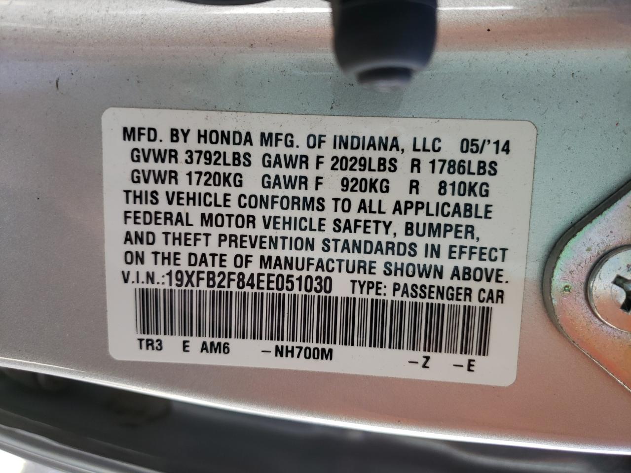 Photo 10 from auction – 2014 HONDA CIVIC EX with VIN 19XFB2F84EE051030