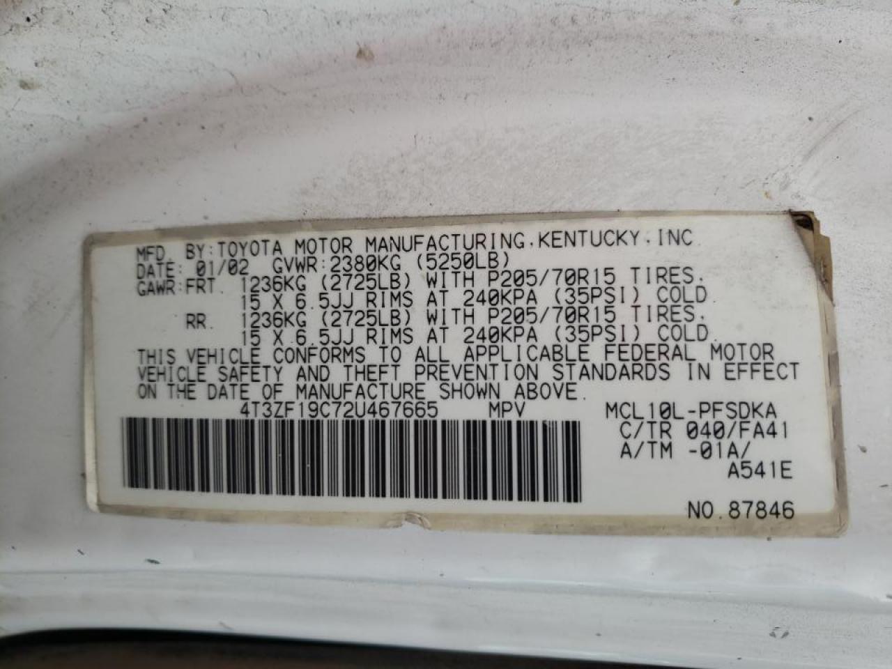 Photo 10 from auction – 2002 TOYOTA SIENNA CE with VIN 4T3ZF19C72U467665