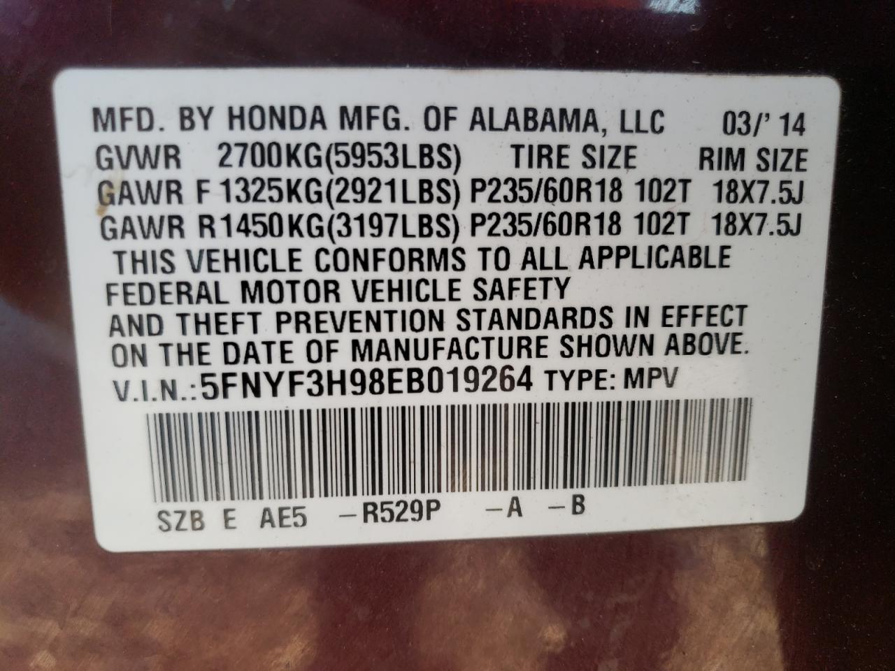 Photo 10 from auction – 2014 HONDA PILOT TOUR with VIN 5FNYF3H98EB019264