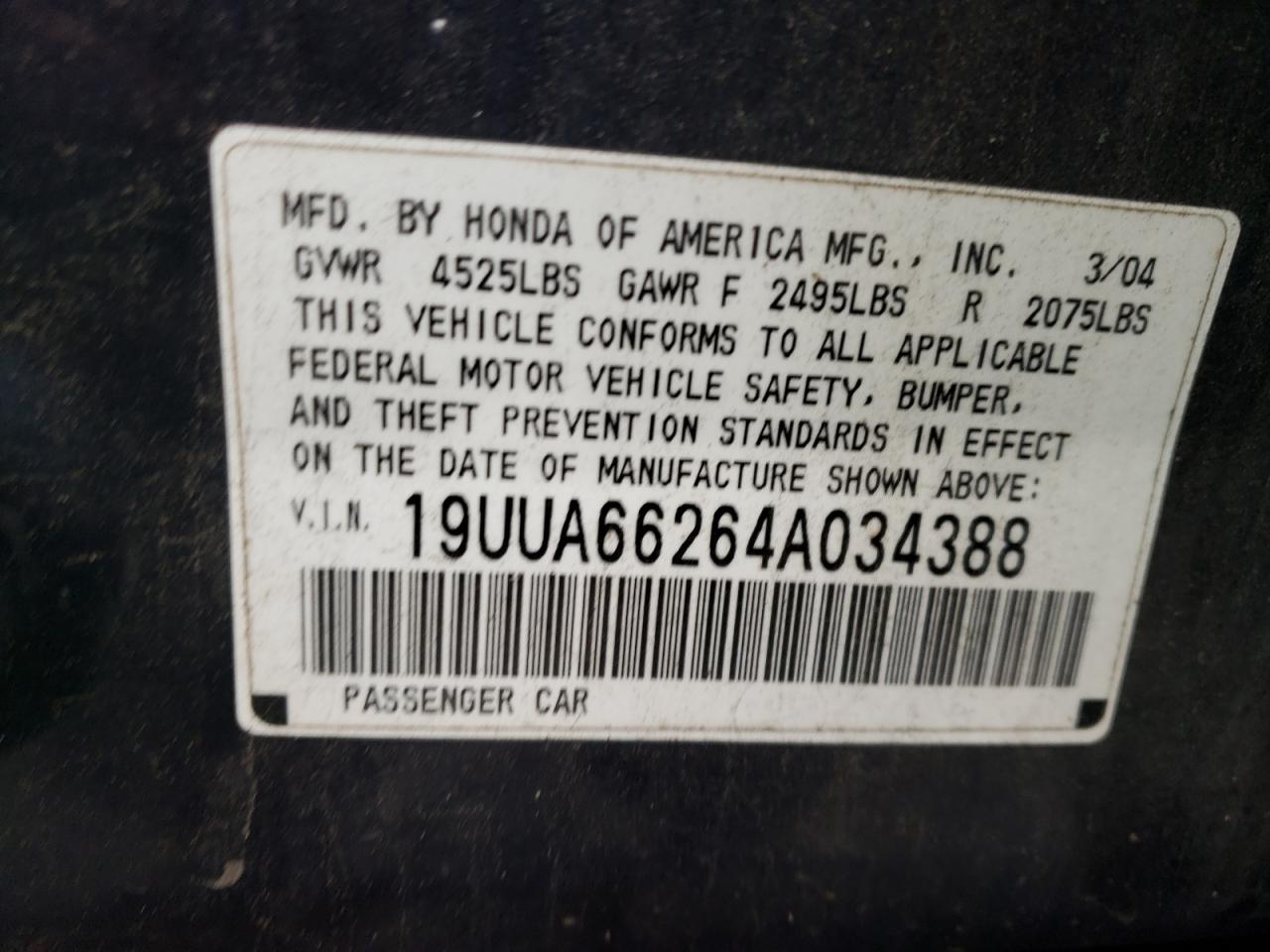Foto 10 de la subasta – 2004 ACURA TL con VIN 19UUA66264A034388