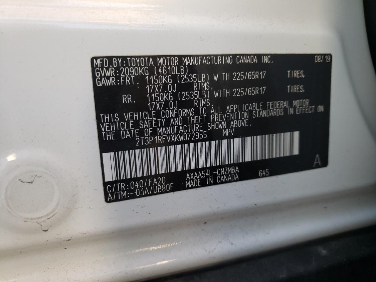 Photo 10 from auction – 2019 TOYOTA RAV4 XLE with VIN 2T3P1RFVXKW072955