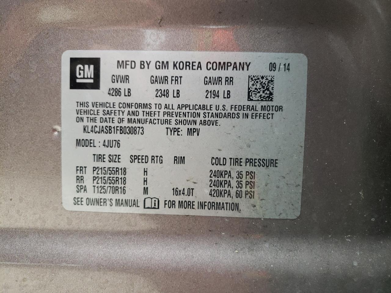 Photo 10 from auction – 2015 BUICK ENCORE with VIN KL4CJASB1FB030873