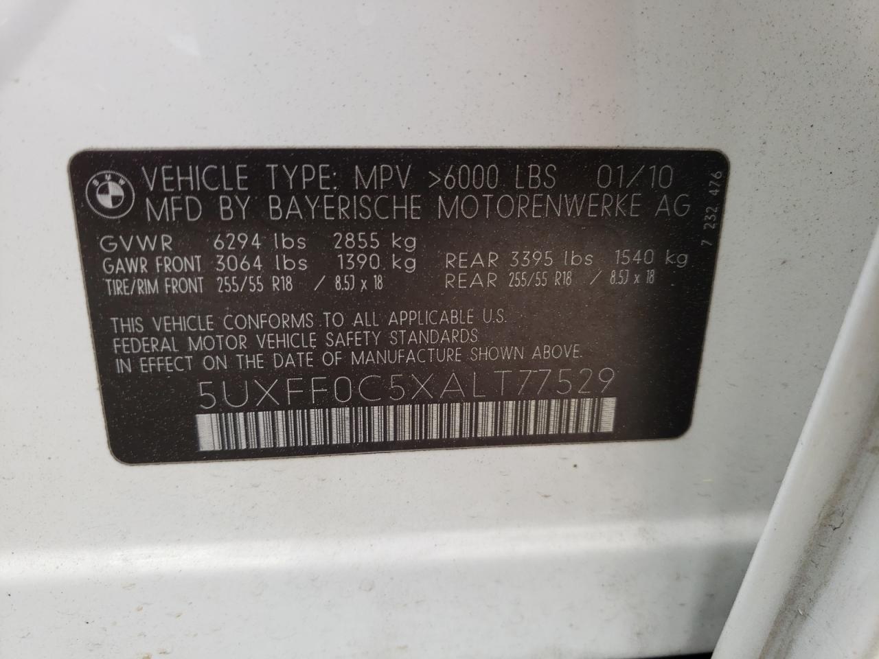 Photo 10 from auction – 2010 BMW X5 XDRIVE3 with VIN 5UXFF0C5XALT77529