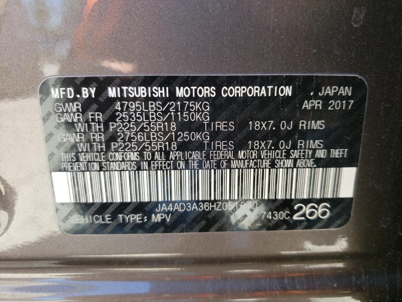 Photo 10 from auction – 2017 MITSUBISHI OUTLANDER with VIN JA4AD3A36HZ051670
