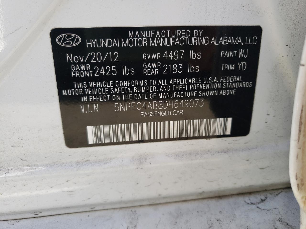 Photo 10 from auction – 2013 HYUNDAI SONATA with VIN 5NPEC4AB8DH649073