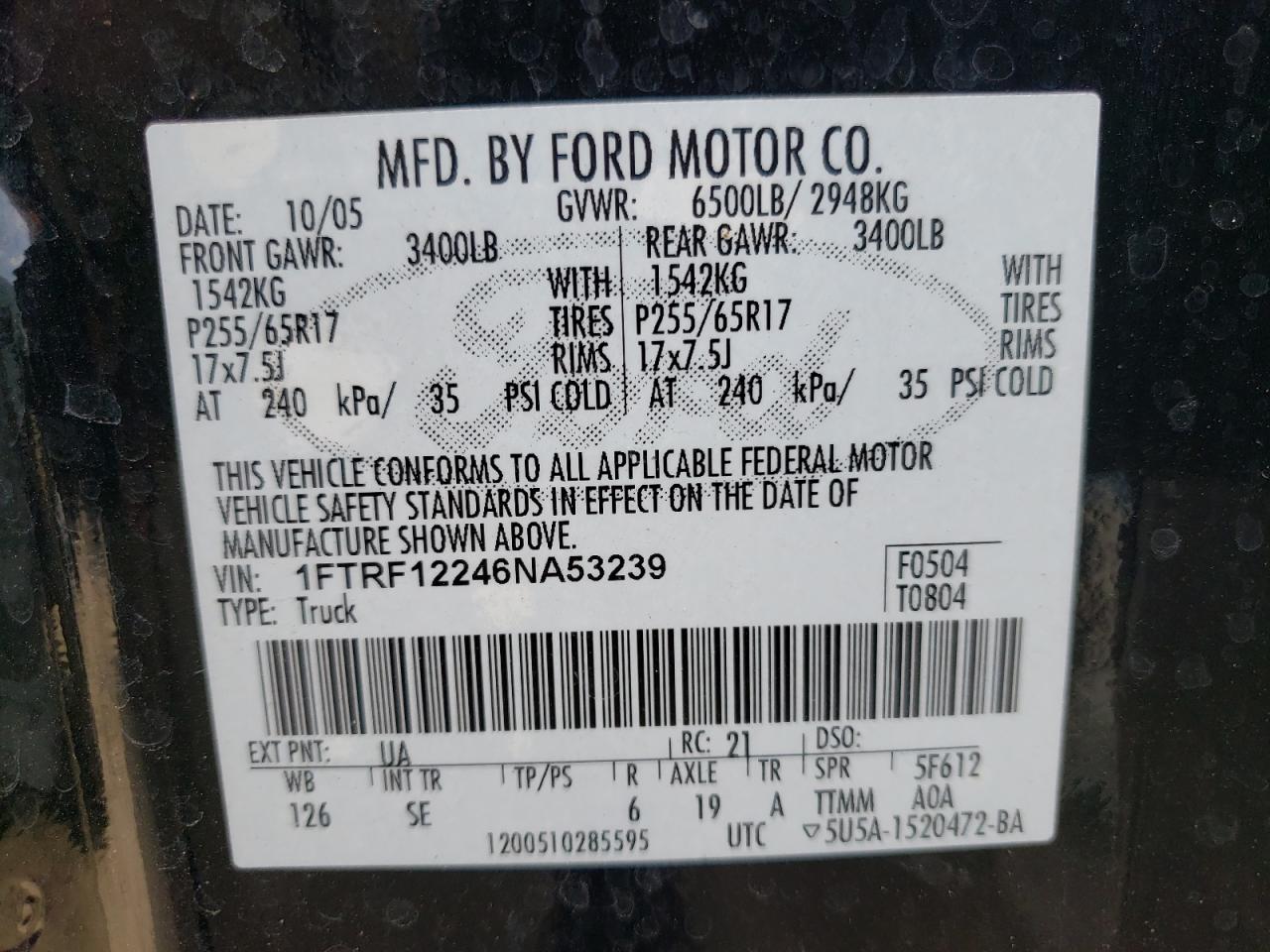 Photo 10 from auction – 2006 FORD F150 with VIN 1FTRF12246NA53239
