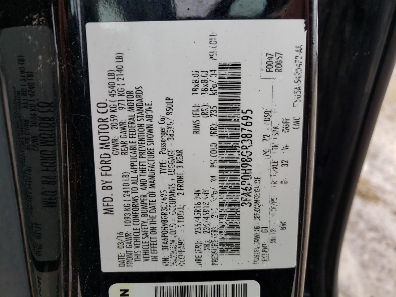 Photo 10 from auction – 2016 FORD FUSION SE with VIN 3FA6P0H98GR387695