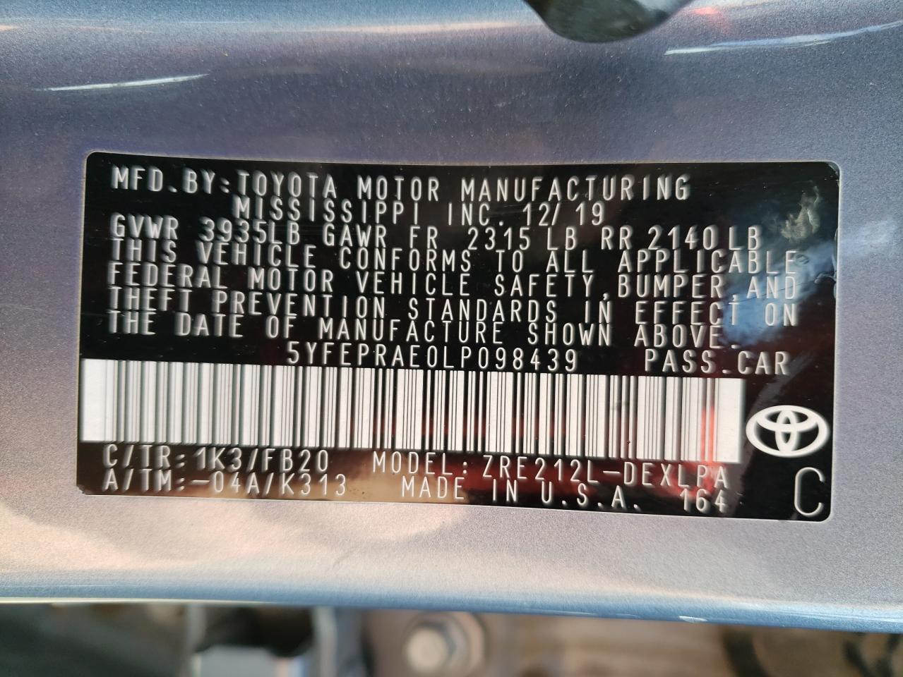 Photo 10 from auction – 2020 TOYOTA COROLLA LE with VIN 5YFEPRAE0LP098439