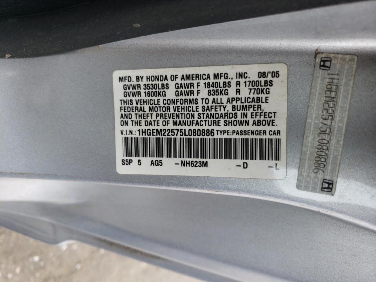Photo 10 from auction – 2005 HONDA CIVIC LX with VIN 1HGEM22575L080886