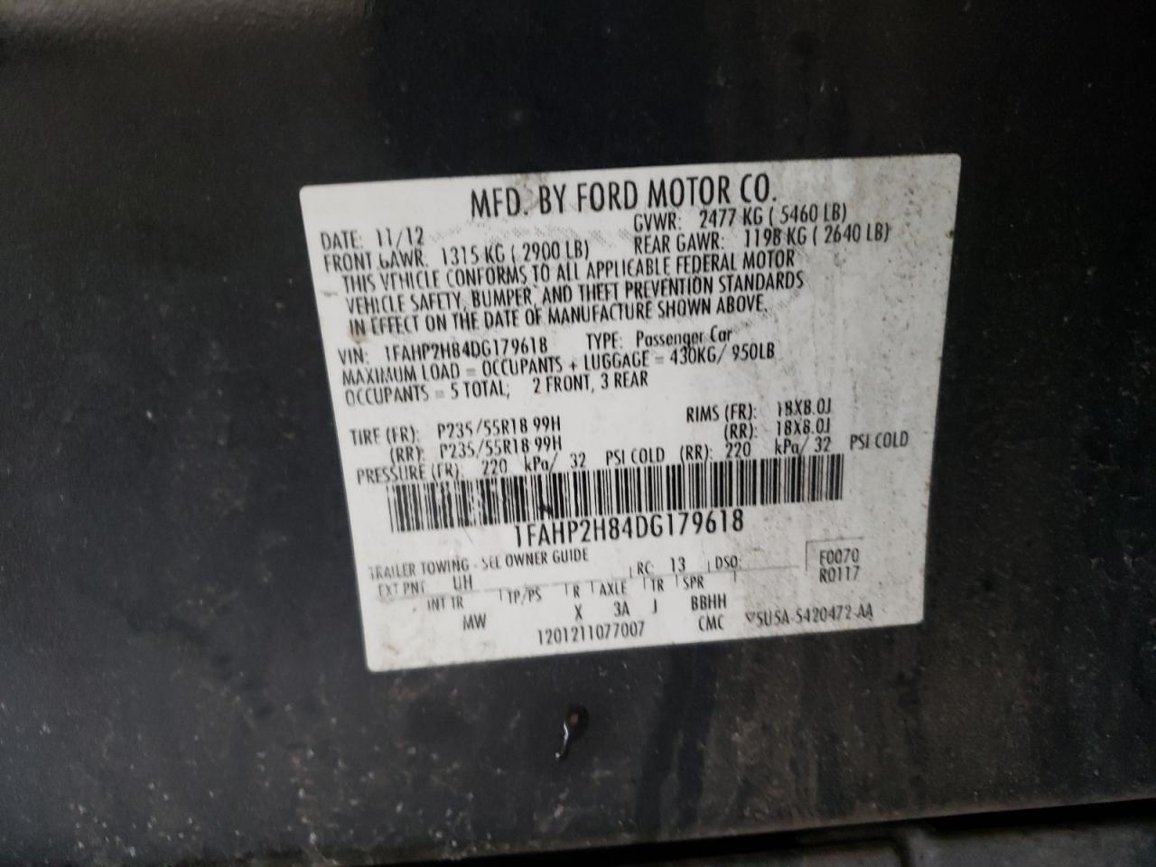 Photo 10 from auction – 2013 FORD TAURUS SEL with VIN 1FAHP2H84DG179618