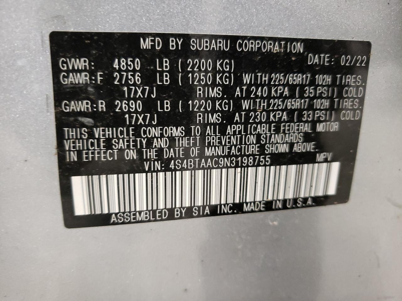 Фото 10 с аукциона – 2022 SUBARU OUTBACK с VIN 4S4BTAAC9N3198755
