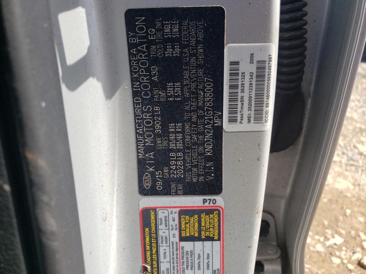 Photo 10 from auction – 2016 KIA SOUL with VIN KNDJN2A21G7838007