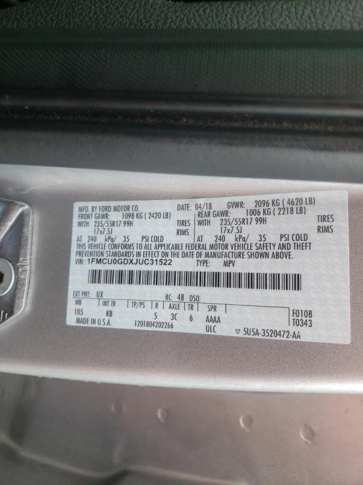 Photo 10 from auction – 2018 FORD ESCAPE SE with VIN 1FMCU0GDXJUC31522