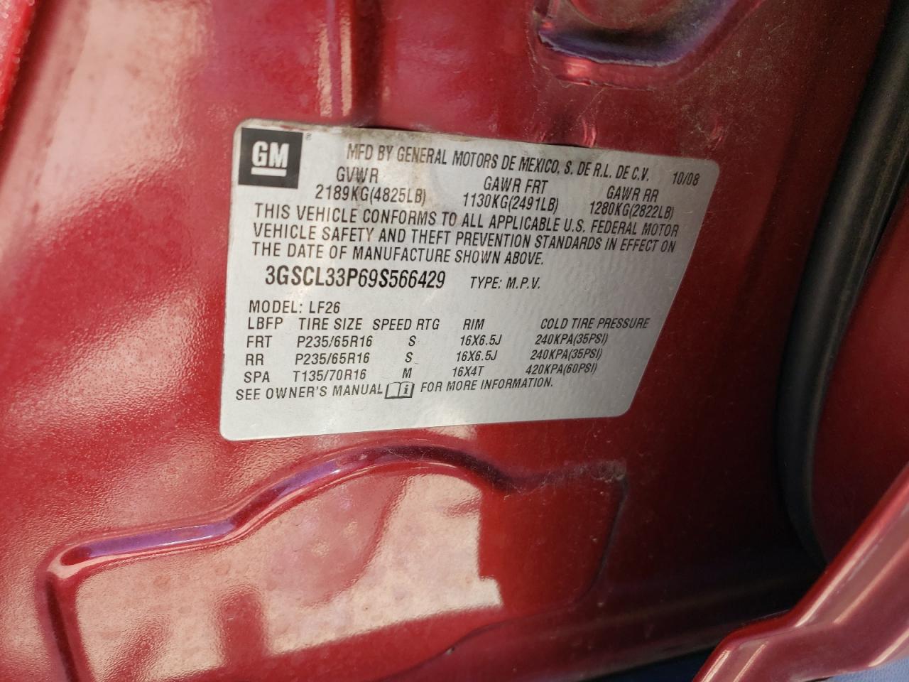 Photo 10 from auction – 2009 SATURN VUE XE with VIN 3GSCL33P69S566429
