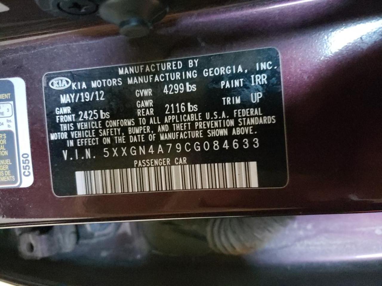Photo 10 from auction – 2012 KIA OPTIMA EX with VIN 5XXGN4A79CG084633