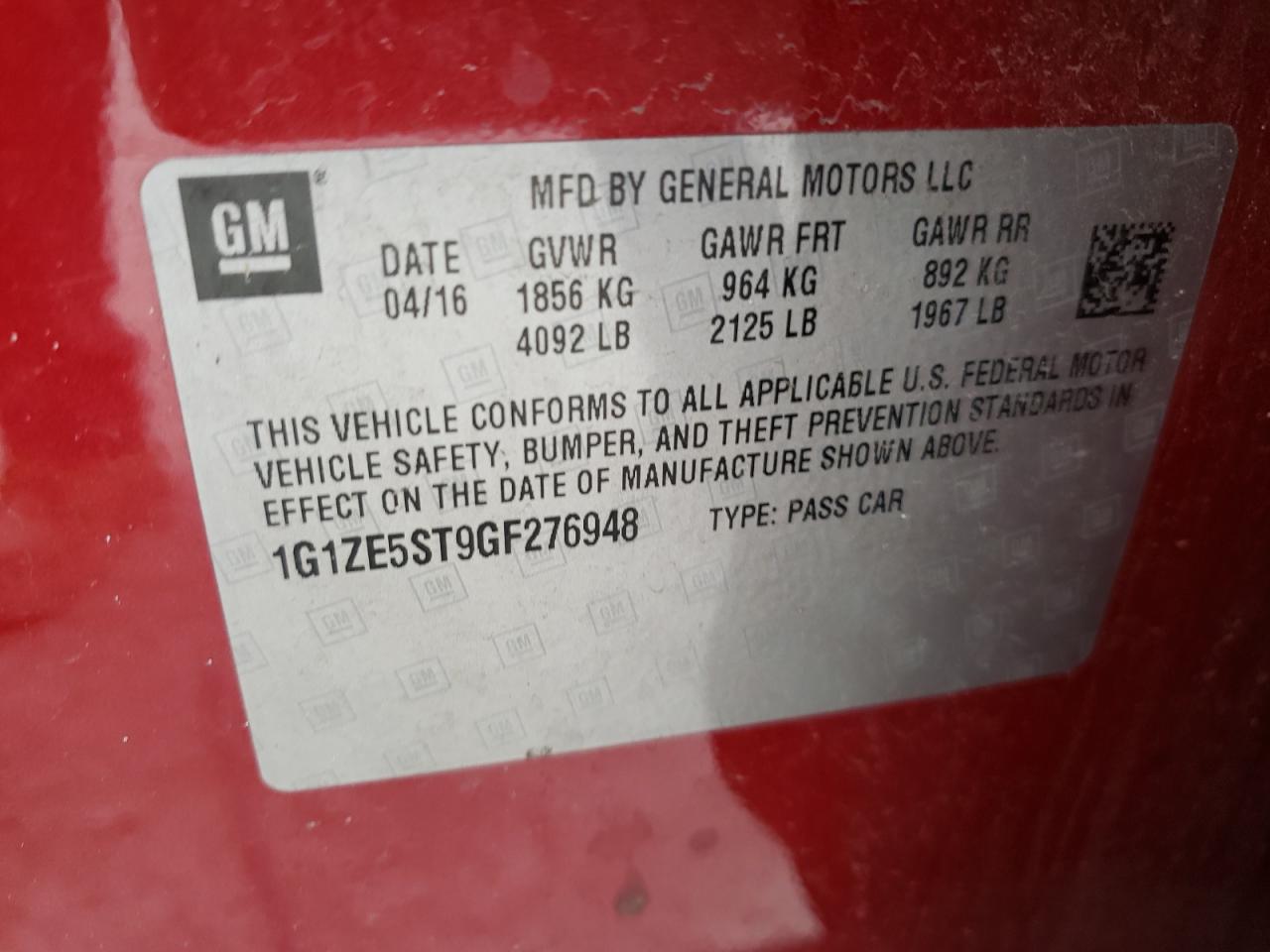 Photo 10 from auction – 2016 CHEVROLET MALIBU LT with VIN 1G1ZE5ST9GF276948