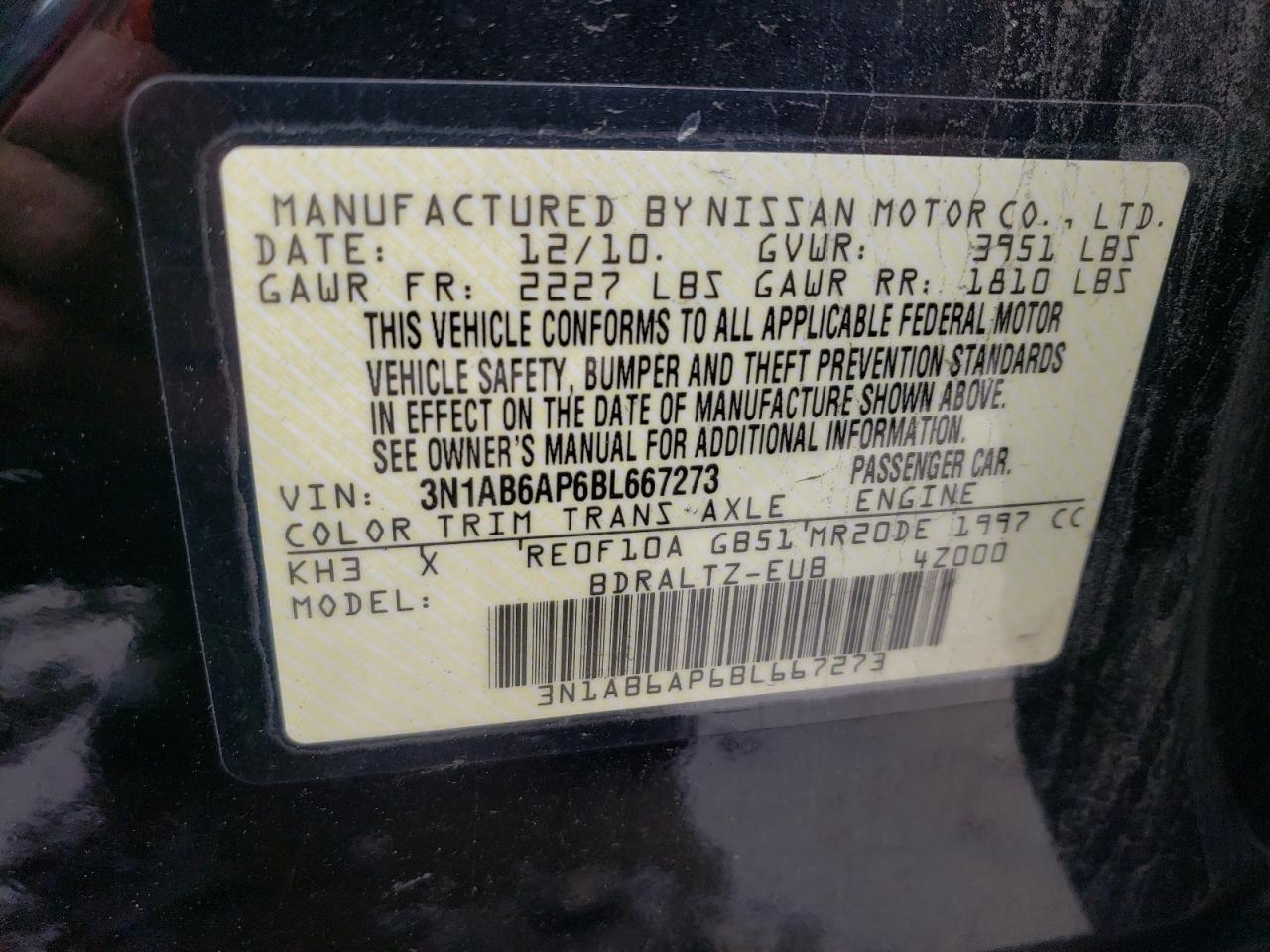 Photo 10 from auction – 2011 NISSAN SENTRA 2.0 with VIN 3N1AB6AP6BL667273
