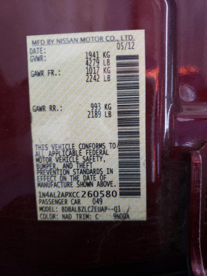 Photo 10 from auction – 2012 NISSAN ALTIMA BAS with VIN 1N4AL2APXCC260580