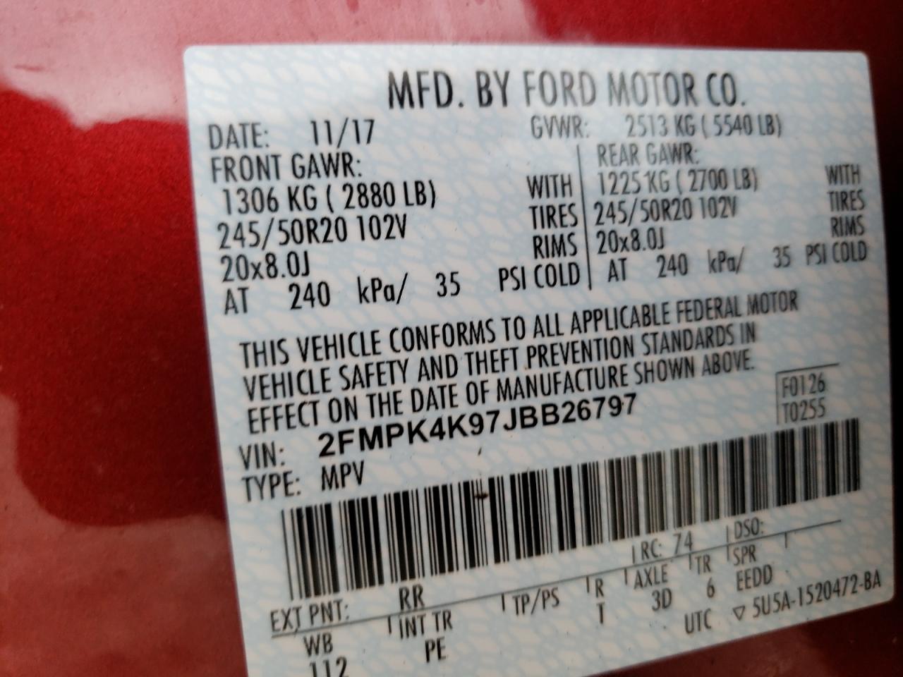 Photo 10 from auction – 2018 FORD EDGE TITAN with VIN 2FMPK4K97JBB26797