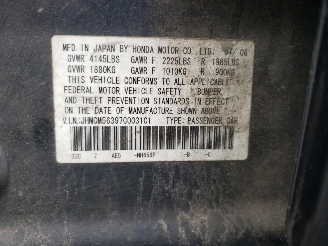 Photo 10 from auction – 2007 HONDA ACCORD S with VIN JHMCM56397C003101
