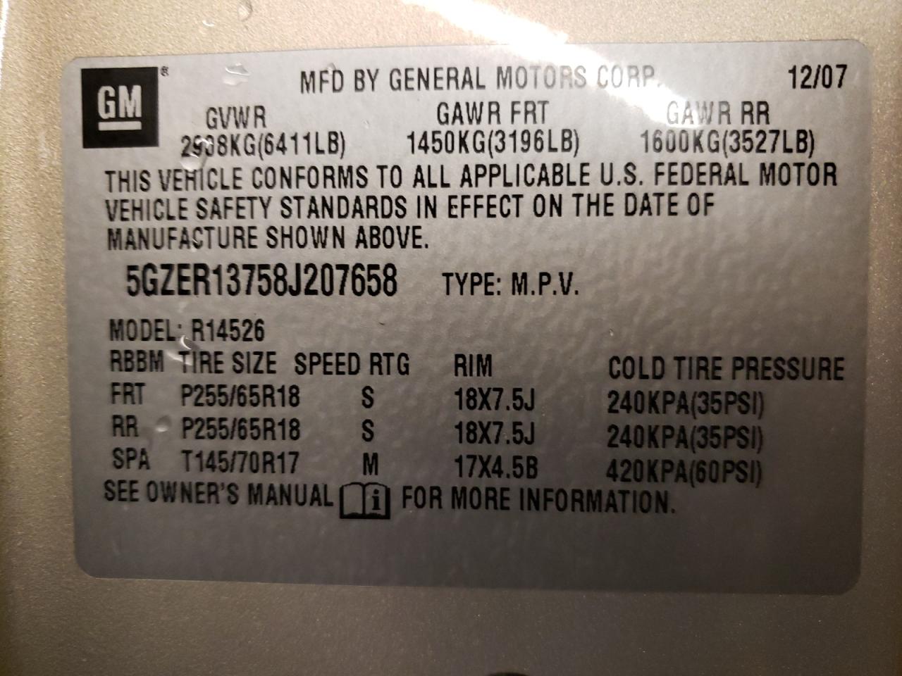 Photo 10 from auction – 2008 SATURN OUTLOOK XE with VIN 5GZER13758J207658